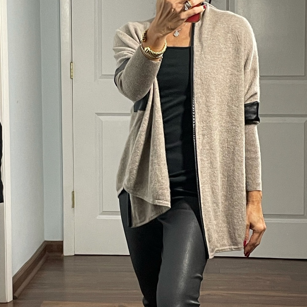 Nordstrom Collection 100% Cashmere Faux Leather Trim Poncho Style Open C…